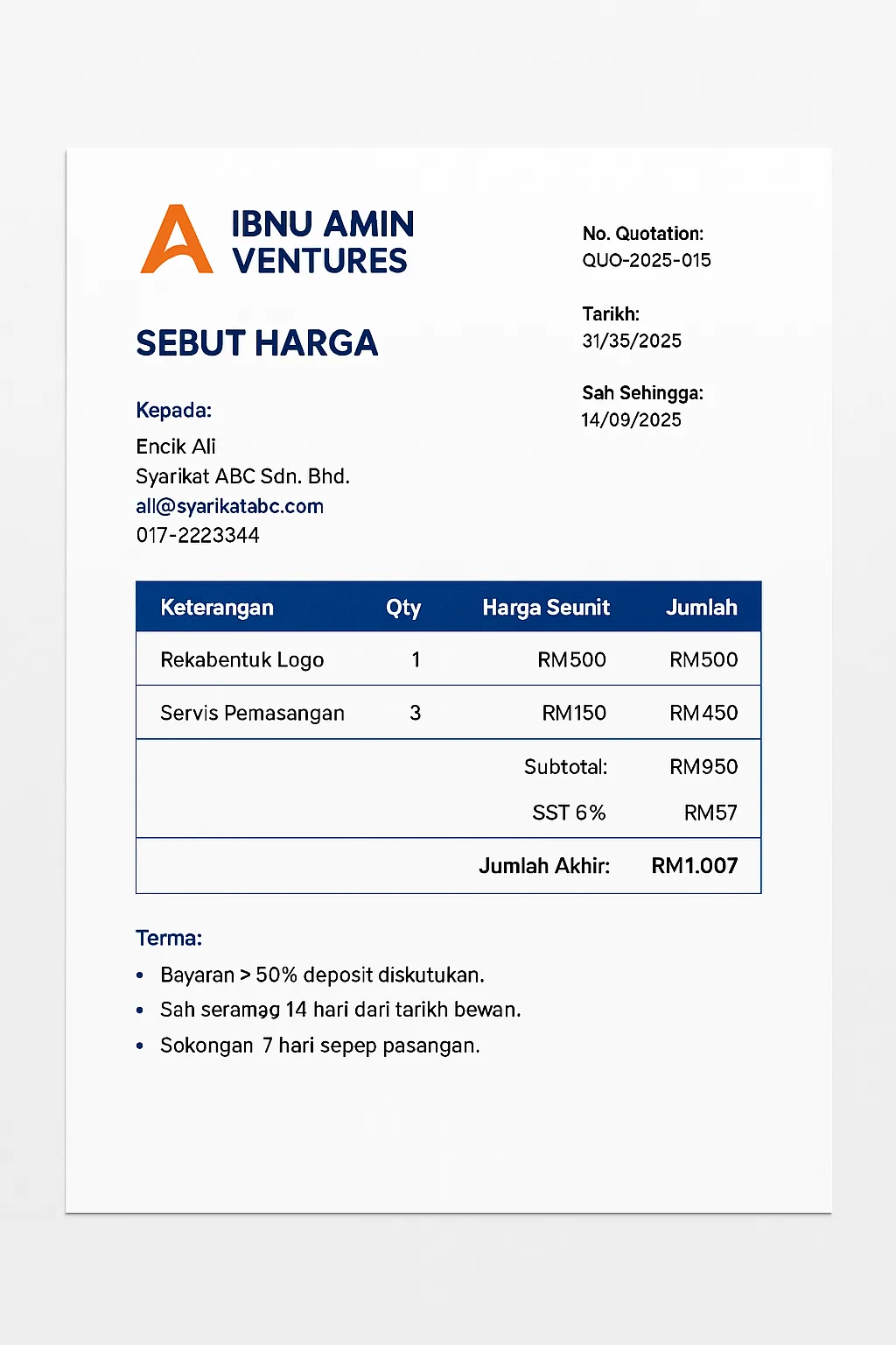 Contoh invois QuoXpress dengan layout kemas dan jumlah auto.
