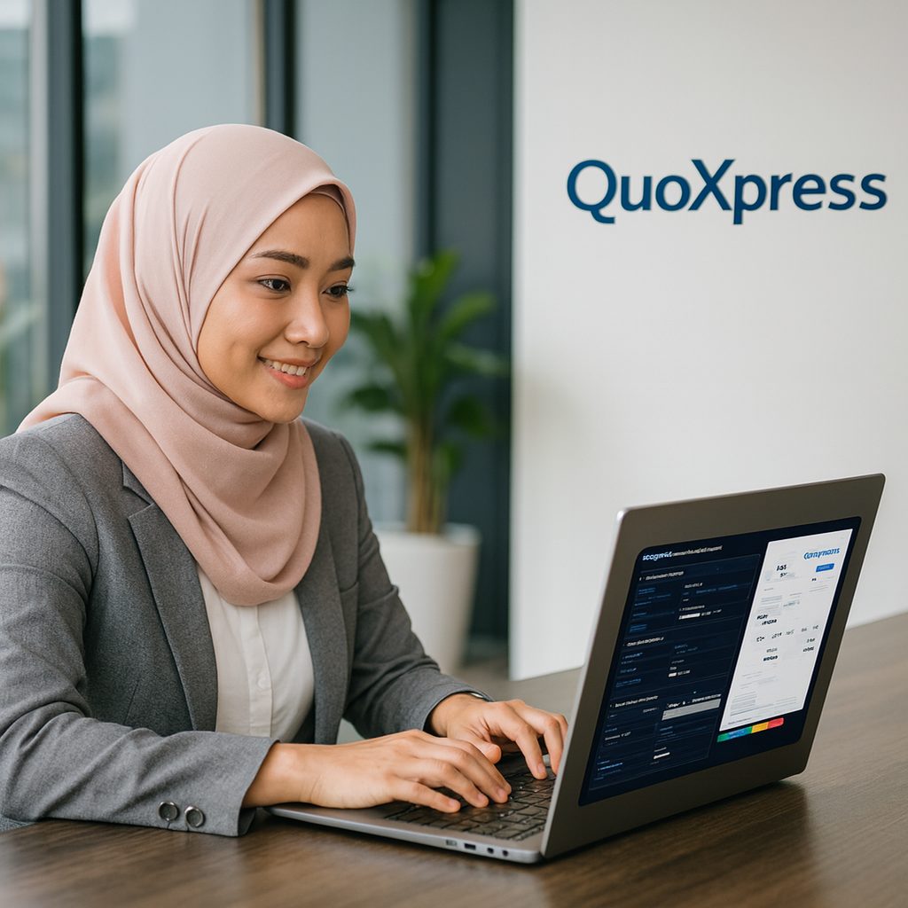 Pengguna QuoXpress menyiapkan quotation di pejabat.